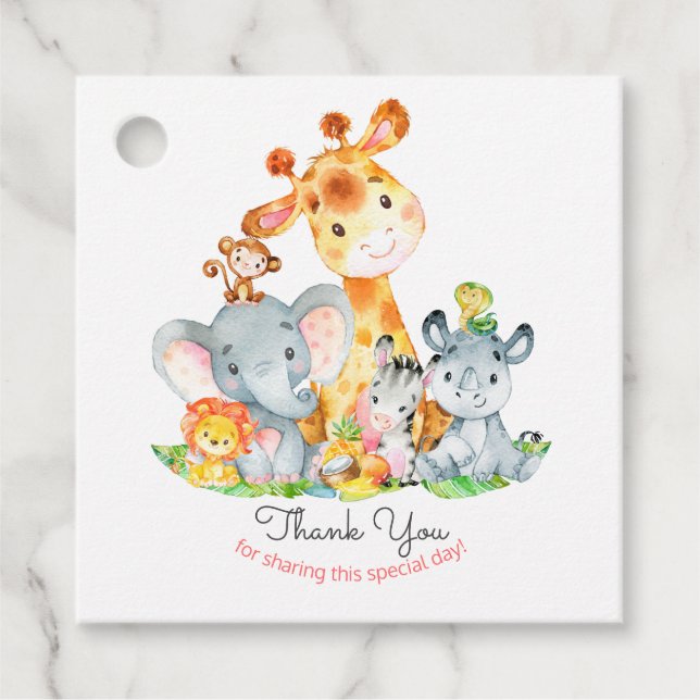Étiquettes Cadeau Aquarelle Cute Safari Jungle Animaux Merci (Devant)