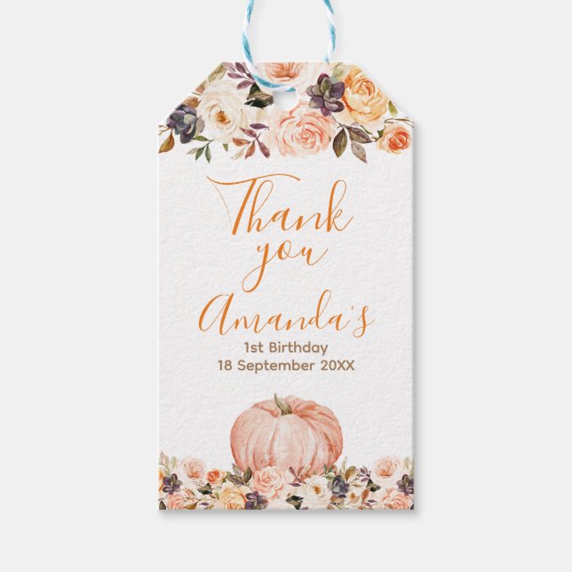 Étiquettes-cadeau Aquarelle de 1er anniversaire du Citrouille orange (Devant)