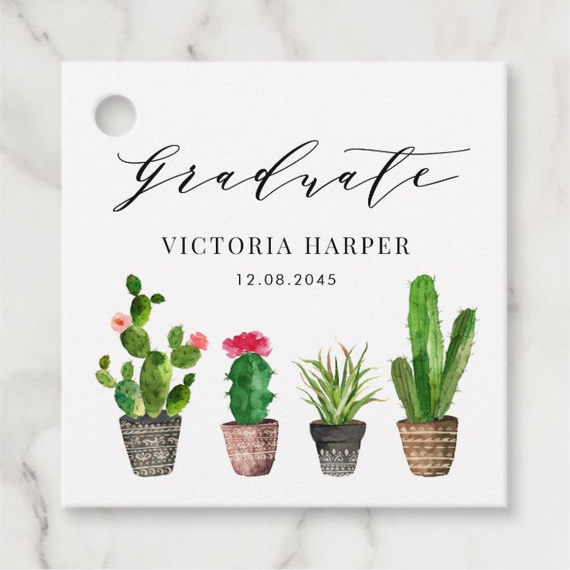 Étiquettes Cadeau Aquarelle de Boho Poted Cactus Graduation (Devant)