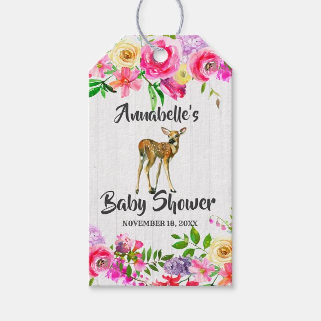 Étiquettes-cadeau Aquarelle de cerf Fawn Baby shower Floral Merci (Devant)