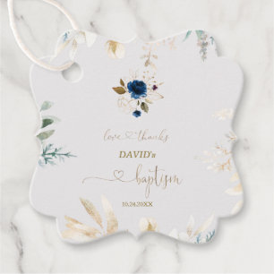 Étiquettes Cadeau Aquarelle de charme Bleu Floral Or Baptême