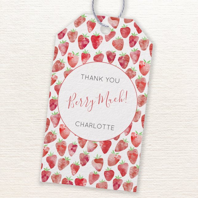 Étiquettes-cadeau Aquarelle de fraise Merci personnalisé (Watercolor strawberry Thank You Berry Much personalized name party favor gift tag)