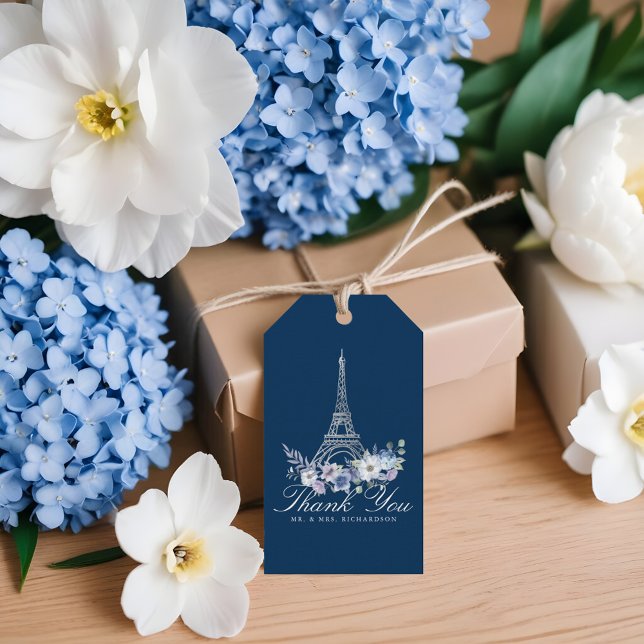 Étiquettes-cadeau Aquarelle de la Tour Eiffel Mariage de la Marine F (Paris Eiffel Tower Watercolor Floral Navy Wedding Gift Tags)