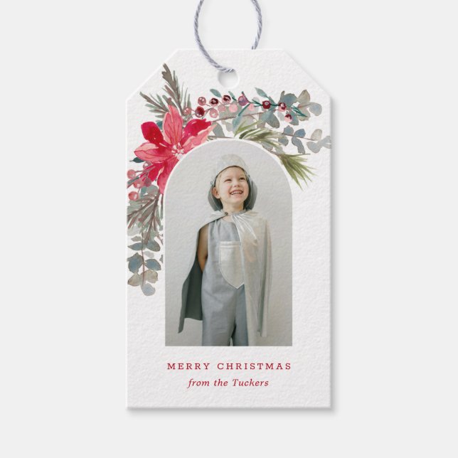 Étiquettes-cadeau Aquarelle de Noël Arc moderne Photo florale (Devant)