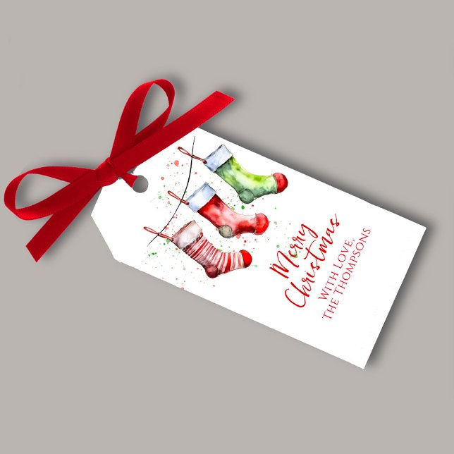 Étiquettes-cadeau Aquarelle de Noël colorée Stocking personnalisé (Merry Christmas watercolor custom gift tag. )