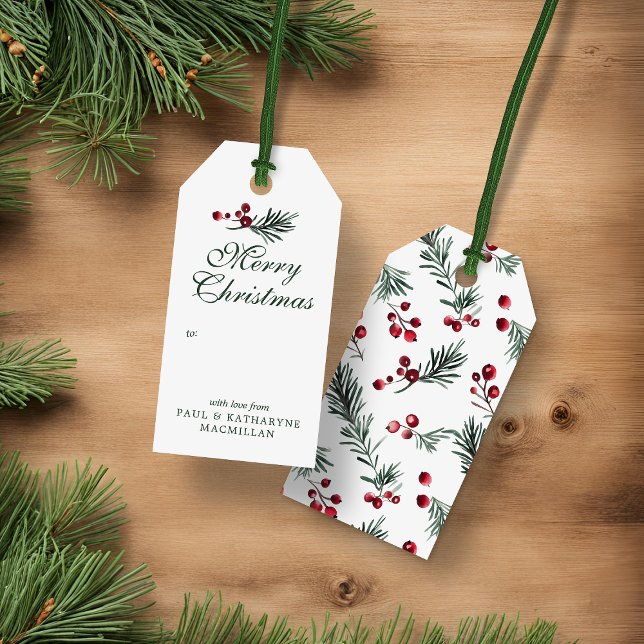 Étiquettes-cadeau Aquarelle de Noël Elégante et moderne Pine vert (Modern Elegant Christmas Watercolor Pine Greenery Gift Tags)