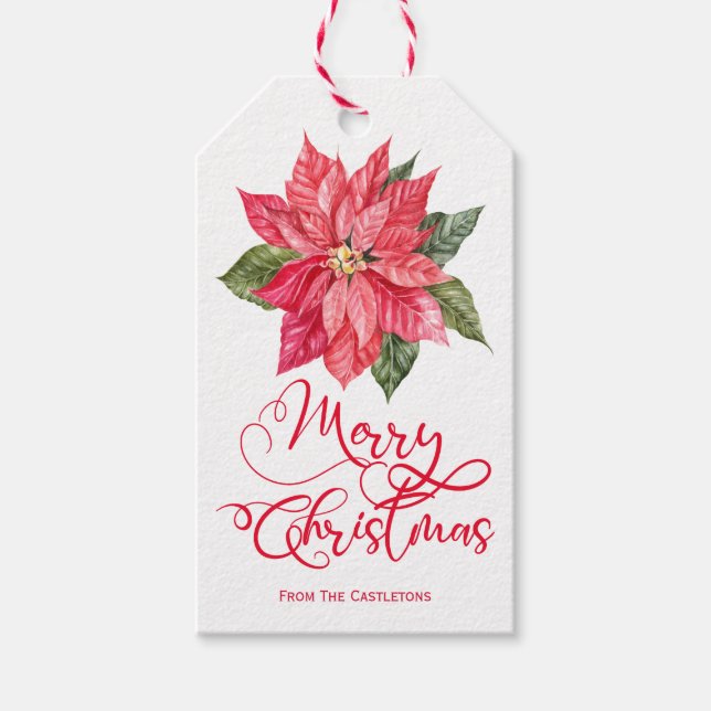 Étiquettes-cadeau Aquarelle de Noël Festive Poinsettia (Devant)