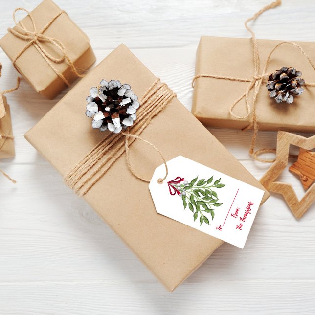 Étiquettes-cadeau Aquarelle de Noël Joyeux Mistletoe mignonne (Christmas cute merry mistletoe holiday gift tag. to and from gift tag.)