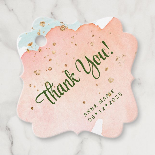 Étiquettes Cadeau Aquarelle de Pêche avec Merci d'étincelles d'or (Devant)