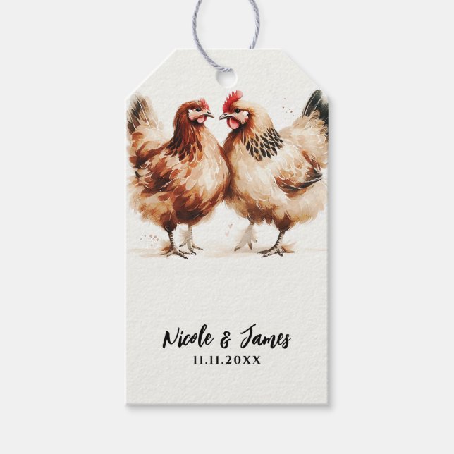 Étiquettes-cadeau Aquarelle de poulet Brown Mariage rustique (Devant)
