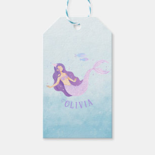 Étiquettes-cadeau Aquarelle de sirène mauve mauve fille Anniversaire