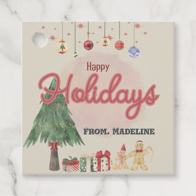 Étiquettes Cadeau Aquarelle de vacances arbre style rétro Ballotin (Devant)