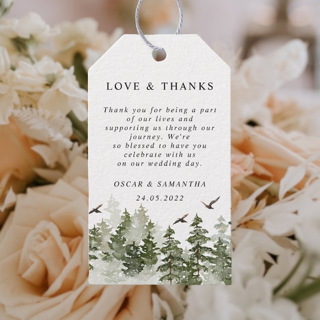 Étiquettes-cadeau Aquarelle d'hiver moderne Forêt verte avec neige (Créateur téléchargé)