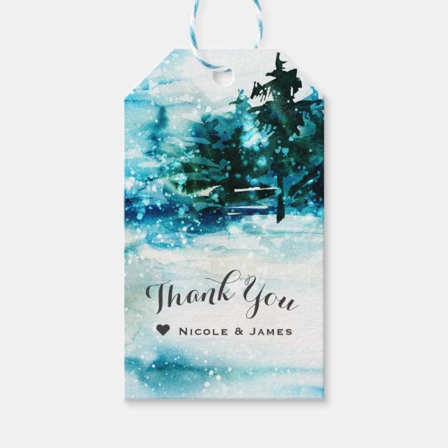 Étiquettes-cadeau Aquarelle d'hiver Snowy Forest Pine Trees Mariage (Devant)