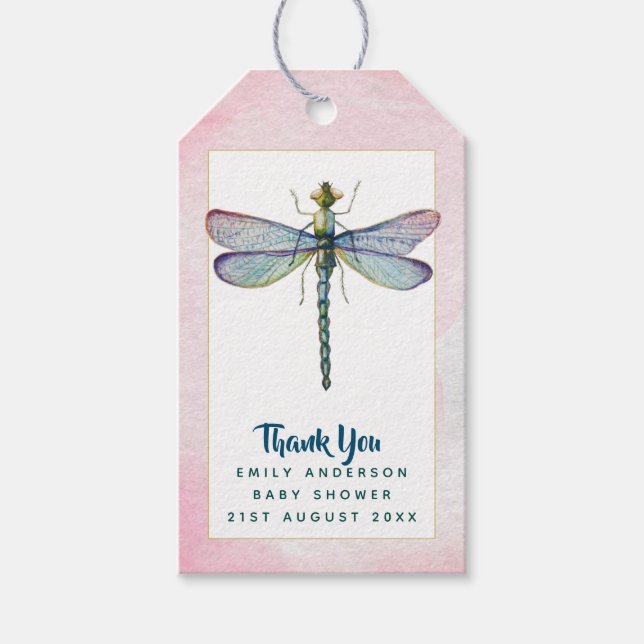 Étiquettes-cadeau Aquarelle DRAGONFLY Merci Baby shower rose Blu (Devant)