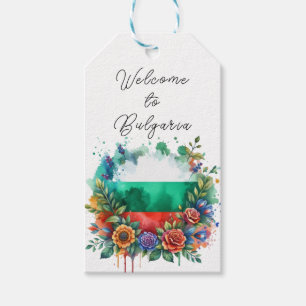 Étiquettes-cadeau Aquarelle Drapeau bulgare Fleur Wreath Bienvenue