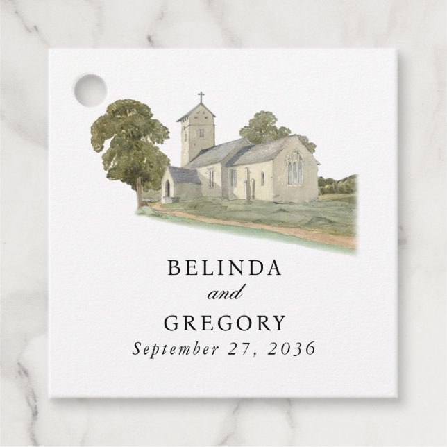 Étiquettes Cadeau Aquarelle Eglise traditionnelle Monogramme Mariage (Devant)