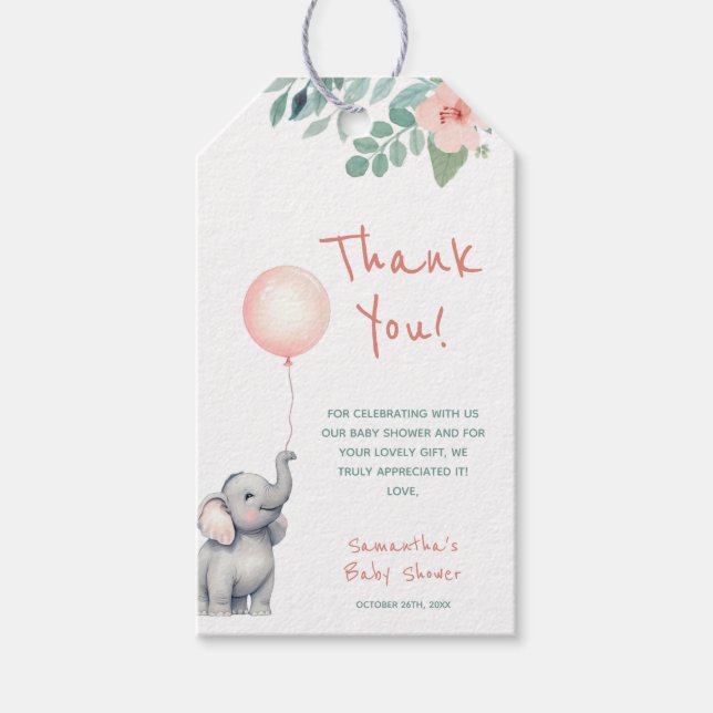 Étiquettes-cadeau Aquarelle Elephant rose Floral Girl Baby shower (Devant)