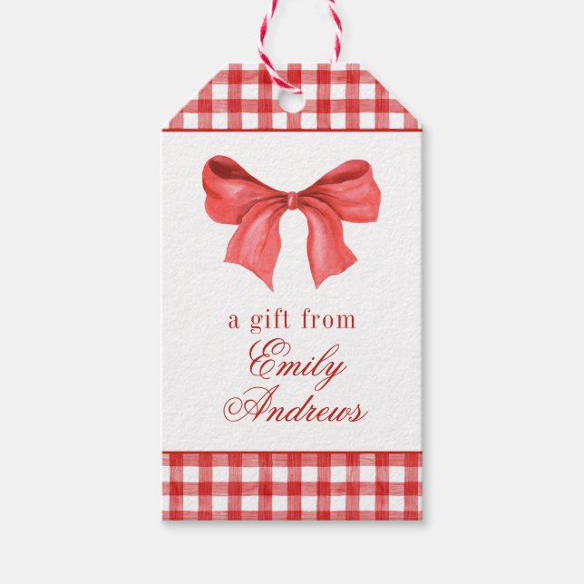 Étiquettes-cadeau Aquarelle En vichy Bow rouge (Devant)