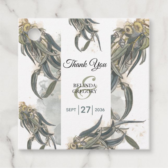 Étiquettes Cadeau Aquarelle Eucalyptus Feuille Mariage vert (Devant)