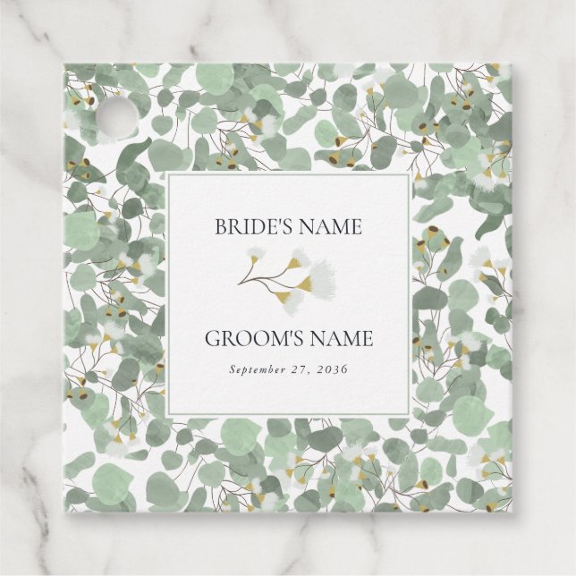 Étiquettes Cadeau Aquarelle Eucalyptus Mariage de fleurs vertes (Devant)