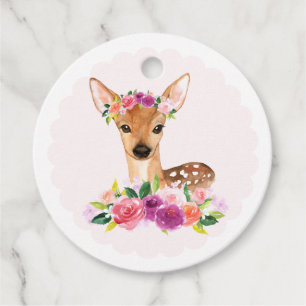 Étiquettes Cadeau Aquarelle Fawn avec Baby shower à couronne florale