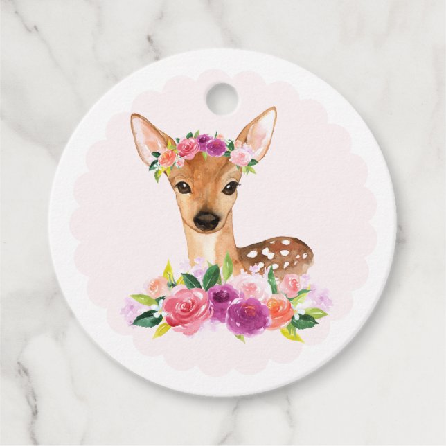 Étiquettes Cadeau Aquarelle Fawn avec Baby shower à couronne florale (Devant)