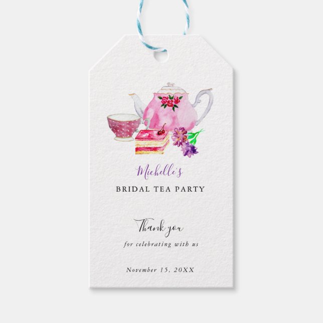 Étiquettes-cadeau Aquarelle Fête des mariées Tea Party Purple Chic (Devant)