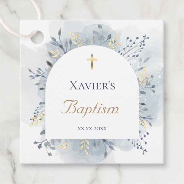 Étiquettes Cadeau aquarelle feuillage Baptême Favoriser les étiquett (Devant)