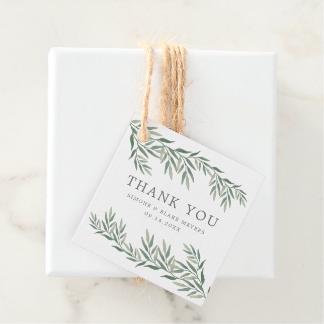 Étiquettes Cadeau Aquarelle Feuille Verdure Mariage Merci (En situation)
