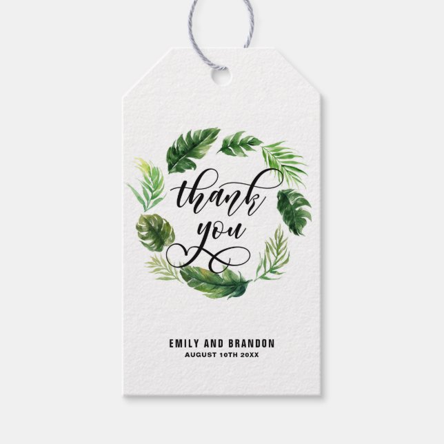 Étiquettes-cadeau Aquarelle Feuilles tropicaux Merci de couronne ddd (Devant)
