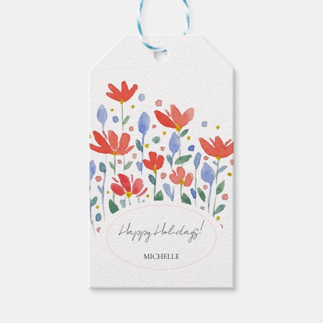 Étiquettes-cadeau Aquarelle fleur sauvage En Rouge Doux Et Bleu (Devant)