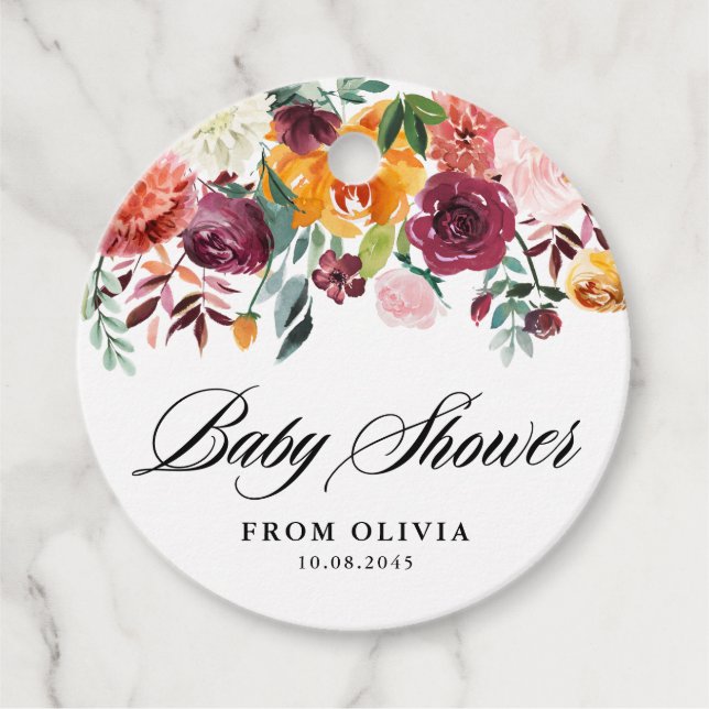 Étiquettes Cadeau Aquarelle Fleurs d'automne Garland Baby shower d'a (Devant)