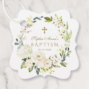 Étiquettes Cadeau Aquarelle Fleurs de crème blanche Croix d'or Baptê