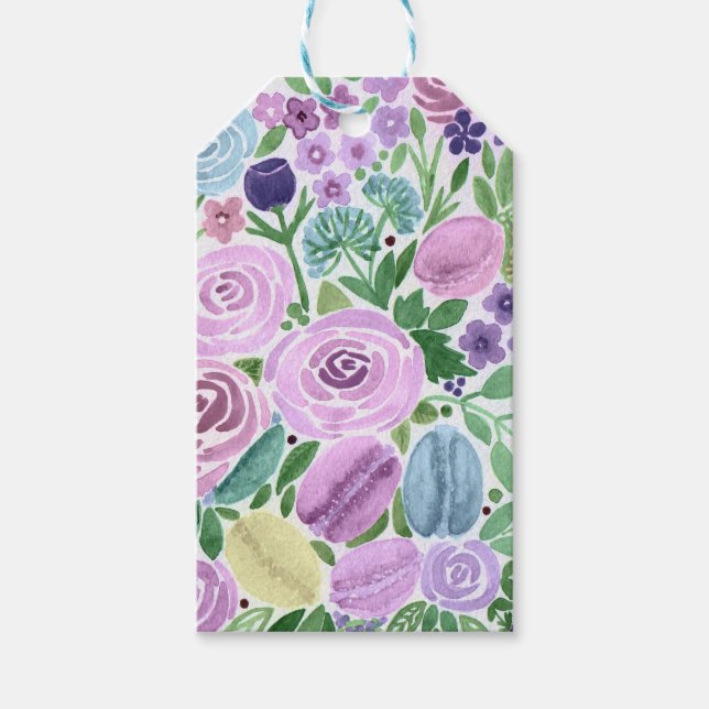 Étiquettes-cadeau Aquarelle, fleurs et macarons (Devant)