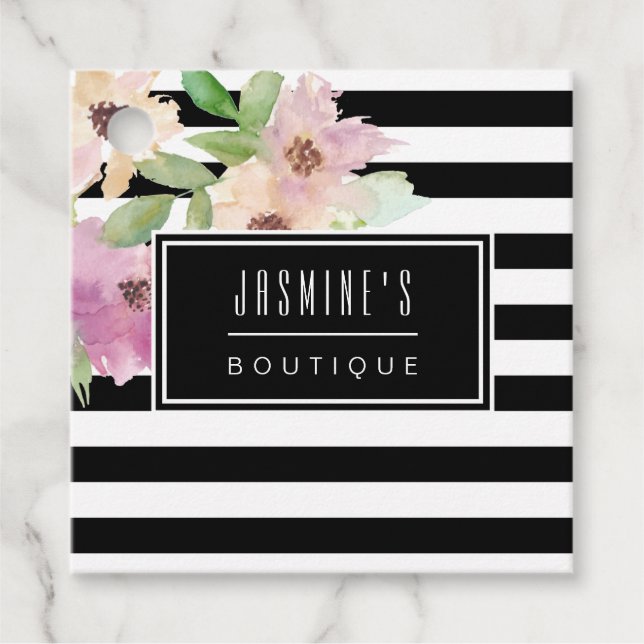 Étiquettes Cadeau Aquarelle Fleurs et rayures (Devant)