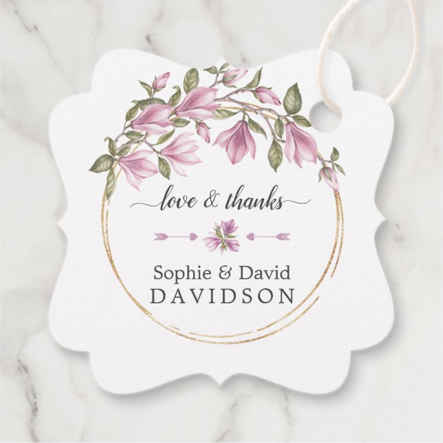 Étiquettes Cadeau Aquarelle Fleurs Magnolia Mariage or en fleurs (Dos)