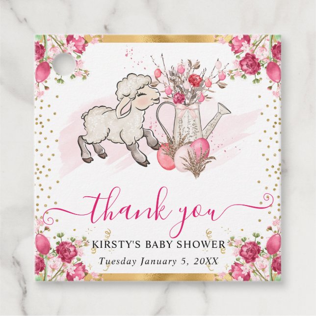 Étiquettes Cadeau Aquarelle Fleurs roses Baby shower d'agneau de pri (Devant)
