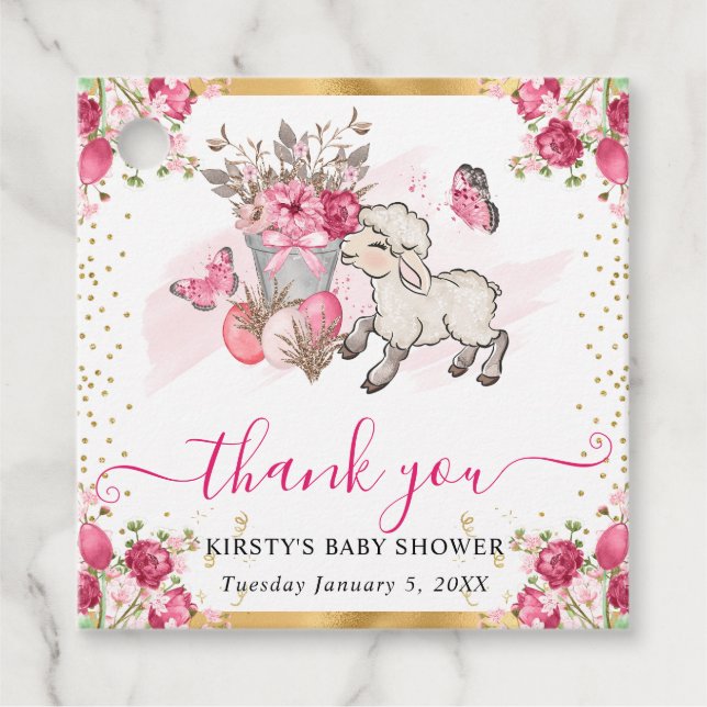 Étiquettes Cadeau Aquarelle Fleurs roses Baby shower d'agneau de pri (Devant)