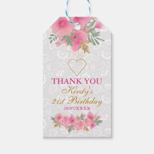 Étiquettes-cadeau Aquarelle Fleurs roses Gold Foil Anniversaire (Devant)
