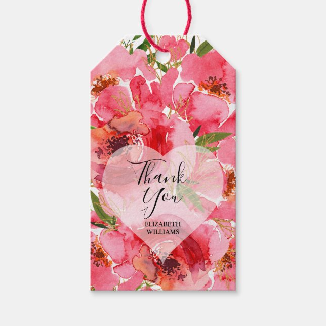 Étiquettes-cadeau Aquarelle Fleurs roses Merci de Fête des mariées (Devant)