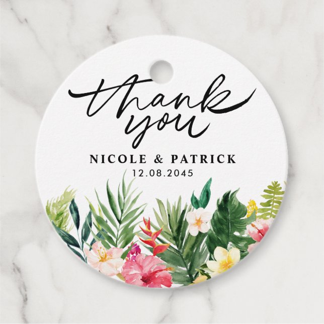 Étiquettes Cadeau Aquarelle Fleurs tropicales Merci Mariage (Devant)