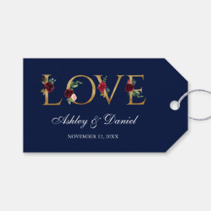 Étiquettes-cadeau Aquarelle Floral Bourgogne Bleu Mariage d'amour or