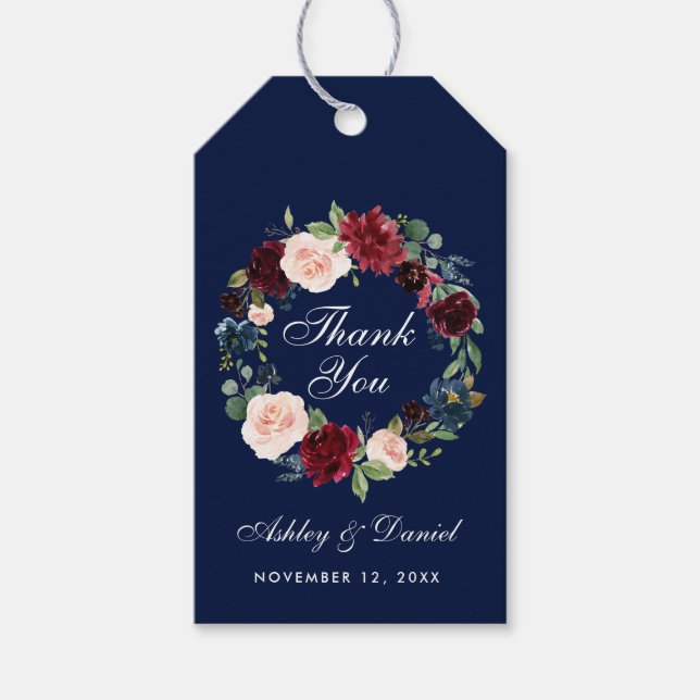 Étiquettes-cadeau Aquarelle Floral Bourgogne bleu Mariage Merci (Devant)