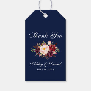 Étiquettes-cadeau Aquarelle Floral Bourgogne bleu Mariage Merci