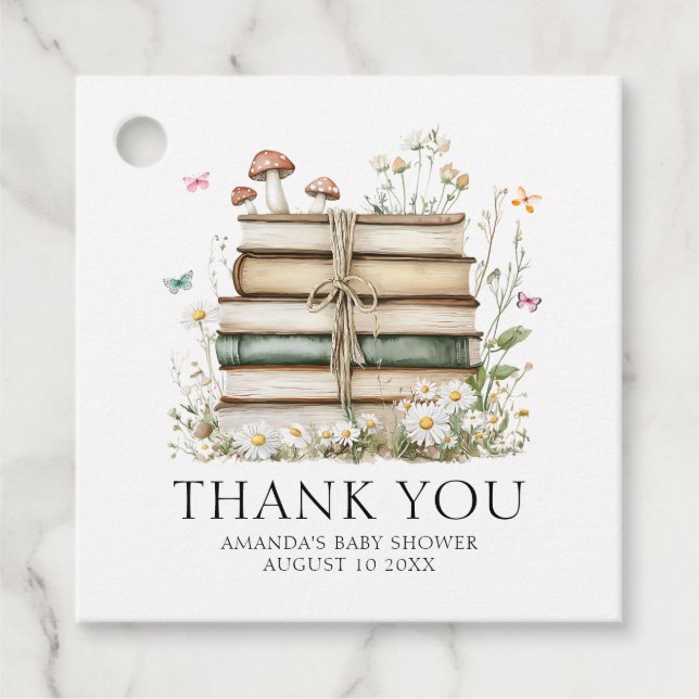 Étiquettes Cadeau Aquarelle Floral Livres Baby shower Merci (Devant)