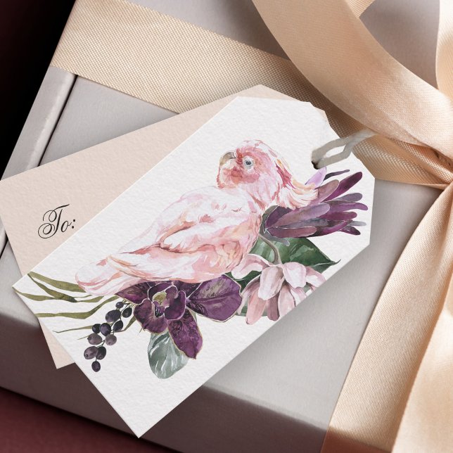 Étiquettes-cadeau Aquarelle Floral Tropical avec Perroquet Rose (Make your gifts and packages stand out with this lovely tropical parrot gift tag!)