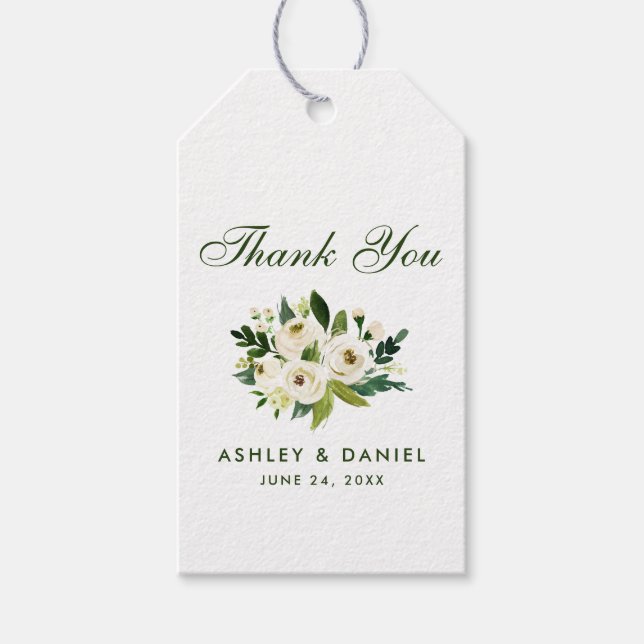 Étiquettes-cadeau Aquarelle Floral Vert Mariage blanc Merci (Devant)
