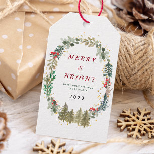 Étiquettes-cadeau Aquarelle Forêt de Noël Joyeux et lumineux