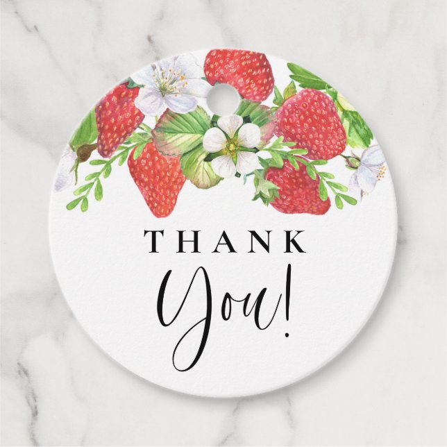Étiquettes Cadeau Aquarelle Fraise Mariage d'été Merci (Devant)
